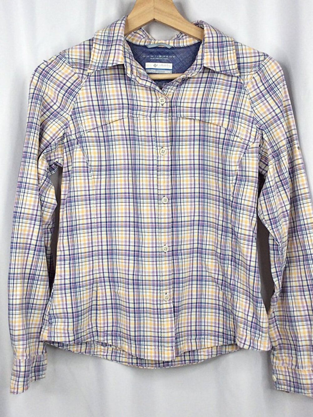 Columbia Omni-Shade Plaid Top Women's Size XS Purple Vented Roll Tab Sleeve - Picture 1 of 9